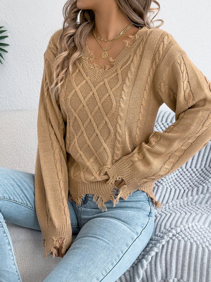 V-Neck Distressed Hem Cable Knit Sweater - Camel - View 1