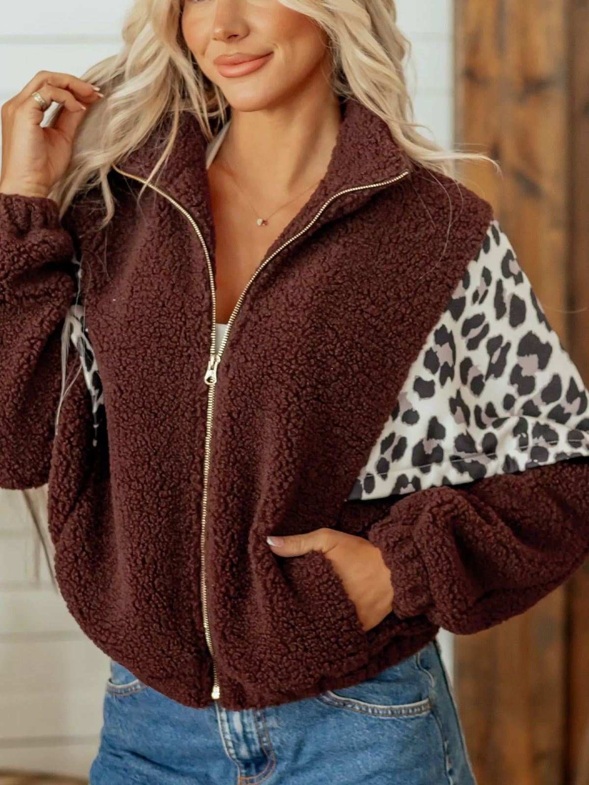 Leopard Patchwork Fleece Western Style Zip-up Collar Jacket - Brown - View 8