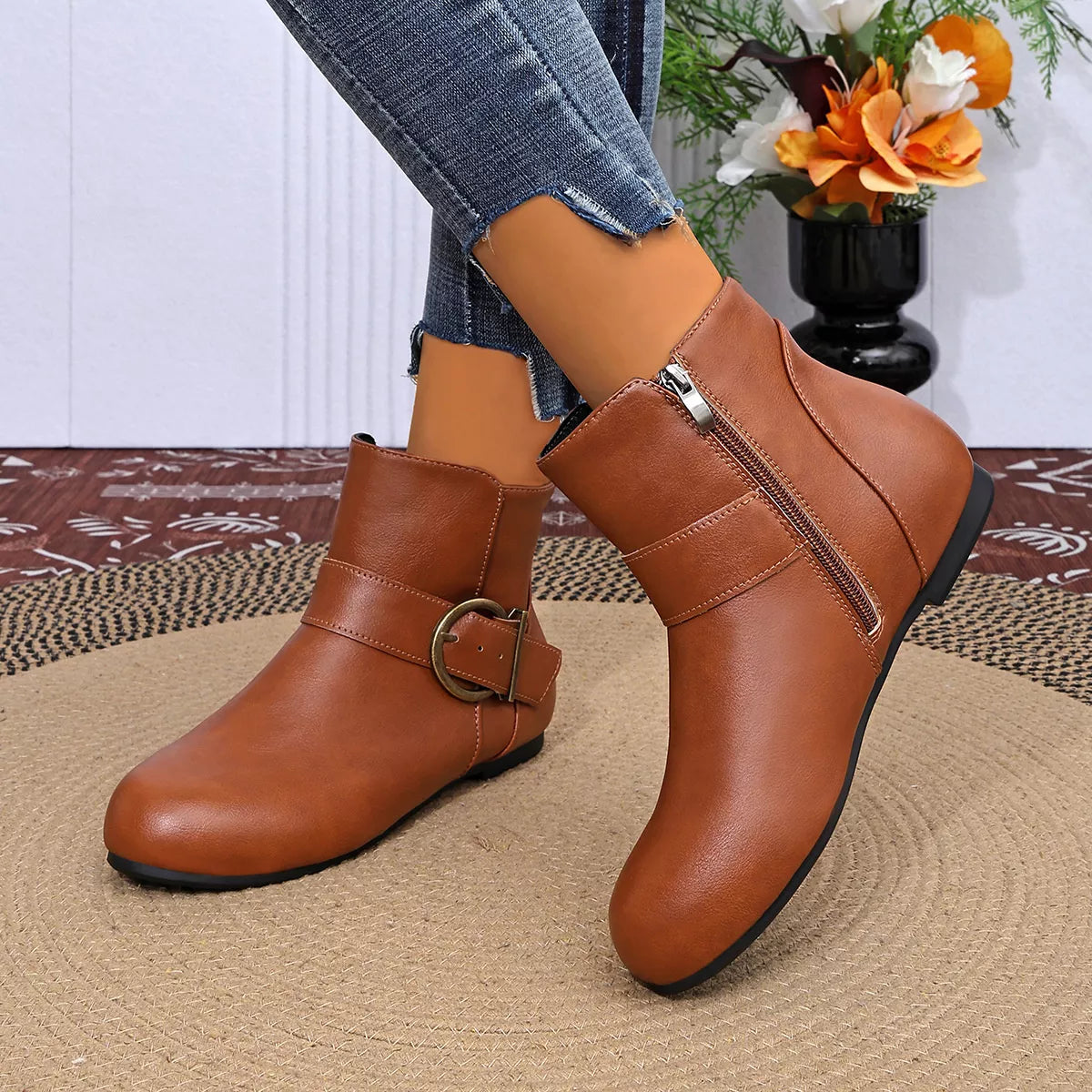 Round Toe Ankle Boots - Brown - View 8
