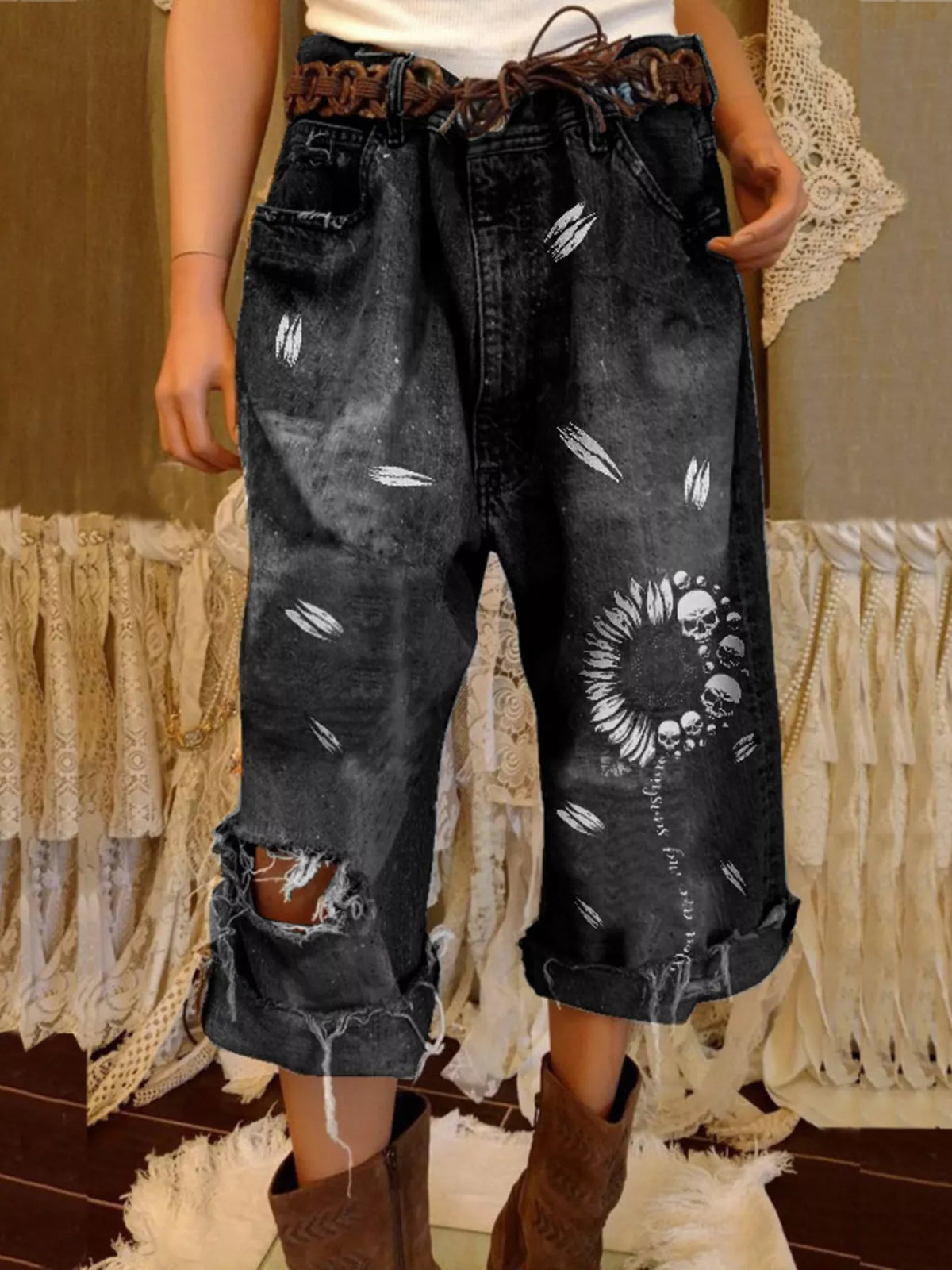 Full Size Distressed Skull Print Jeans Plus Size - Black - View 1
