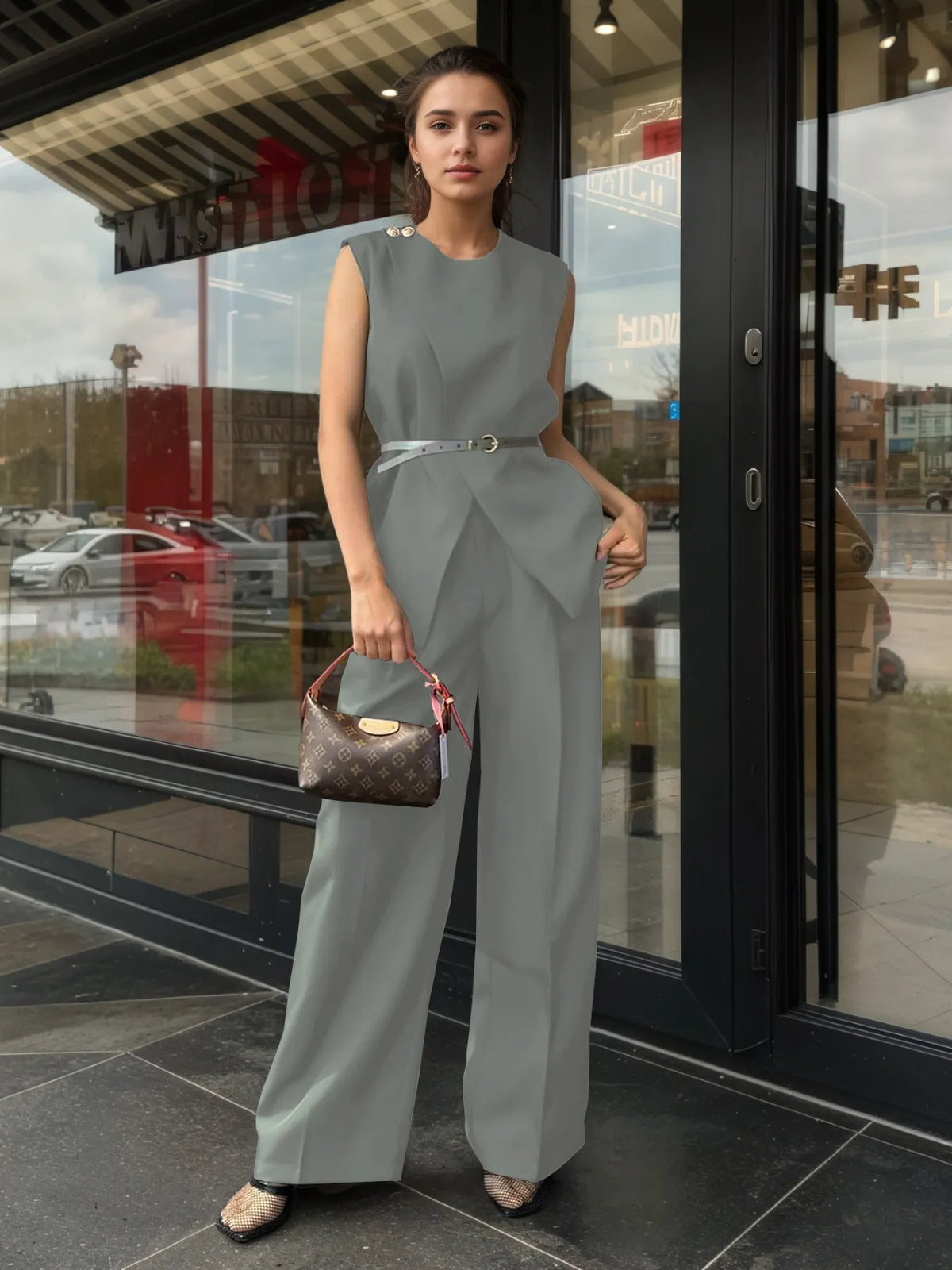 Sleeveless Top and Pants Set - Sage - View 3