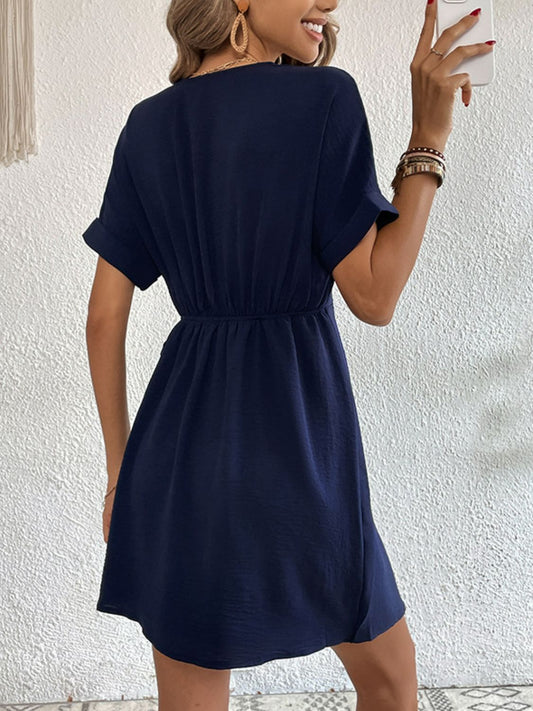 Perfee Tied Cuffed Sleeve Surplice Dress - Dark Blue - View 2