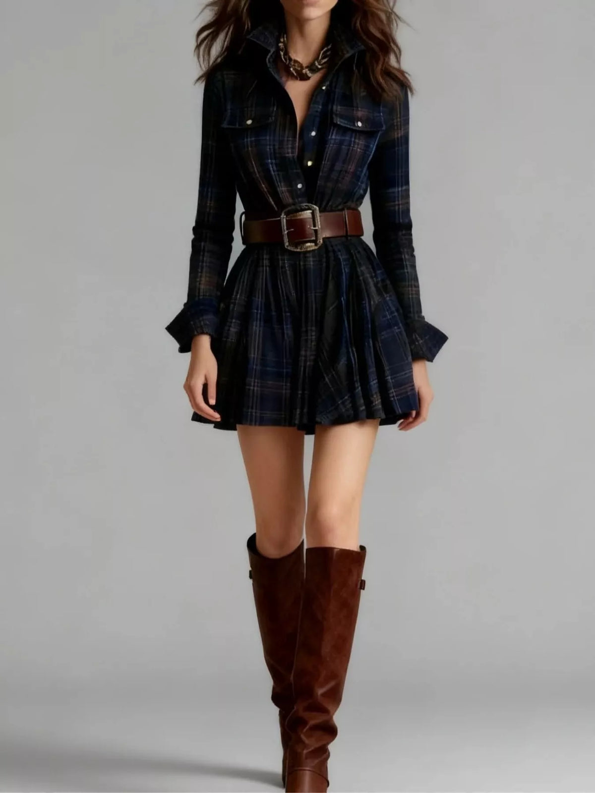 Plaid Long-Sleeve Shirt Dress - Dark Blue (with Belt) - View 6