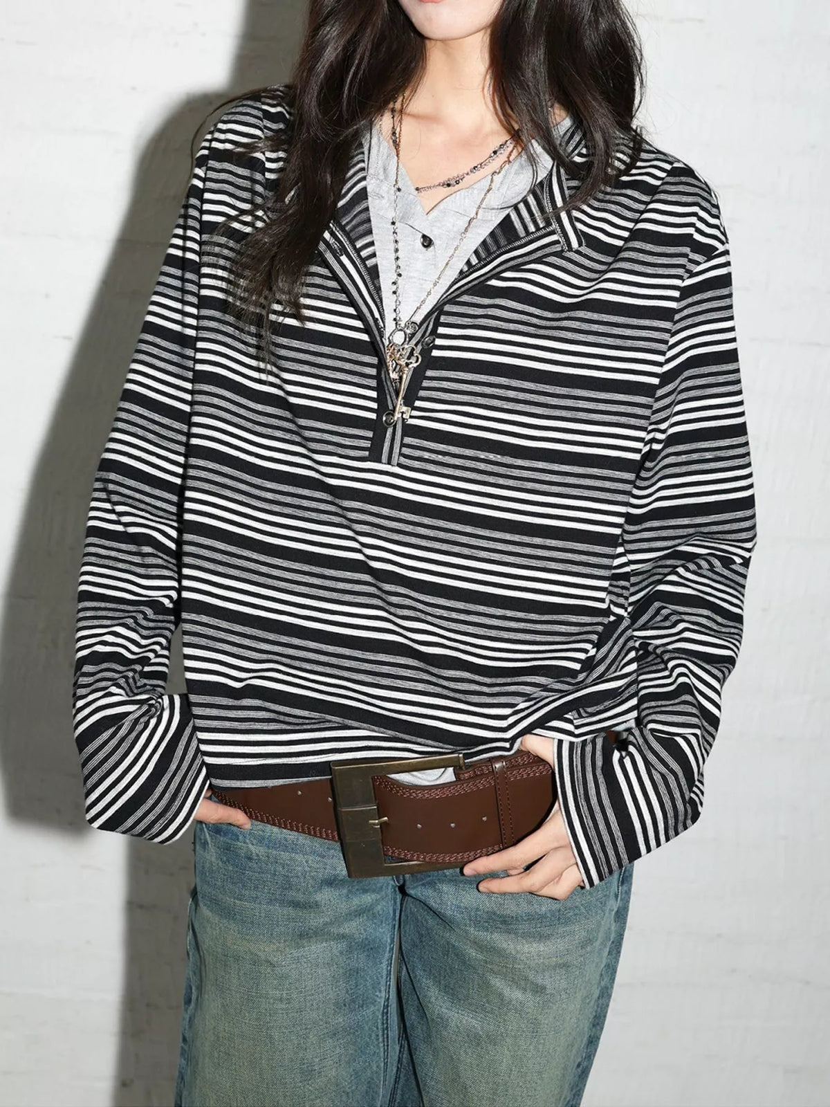 Vintage Striped Long-Sleeve Quarter-Zip T-Shirt - Black And White-Striped - View 7