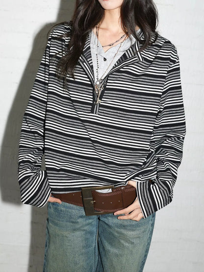 Vintage Striped Long-Sleeve Quarter-Zip T-Shirt - Black And White-Striped - View 7