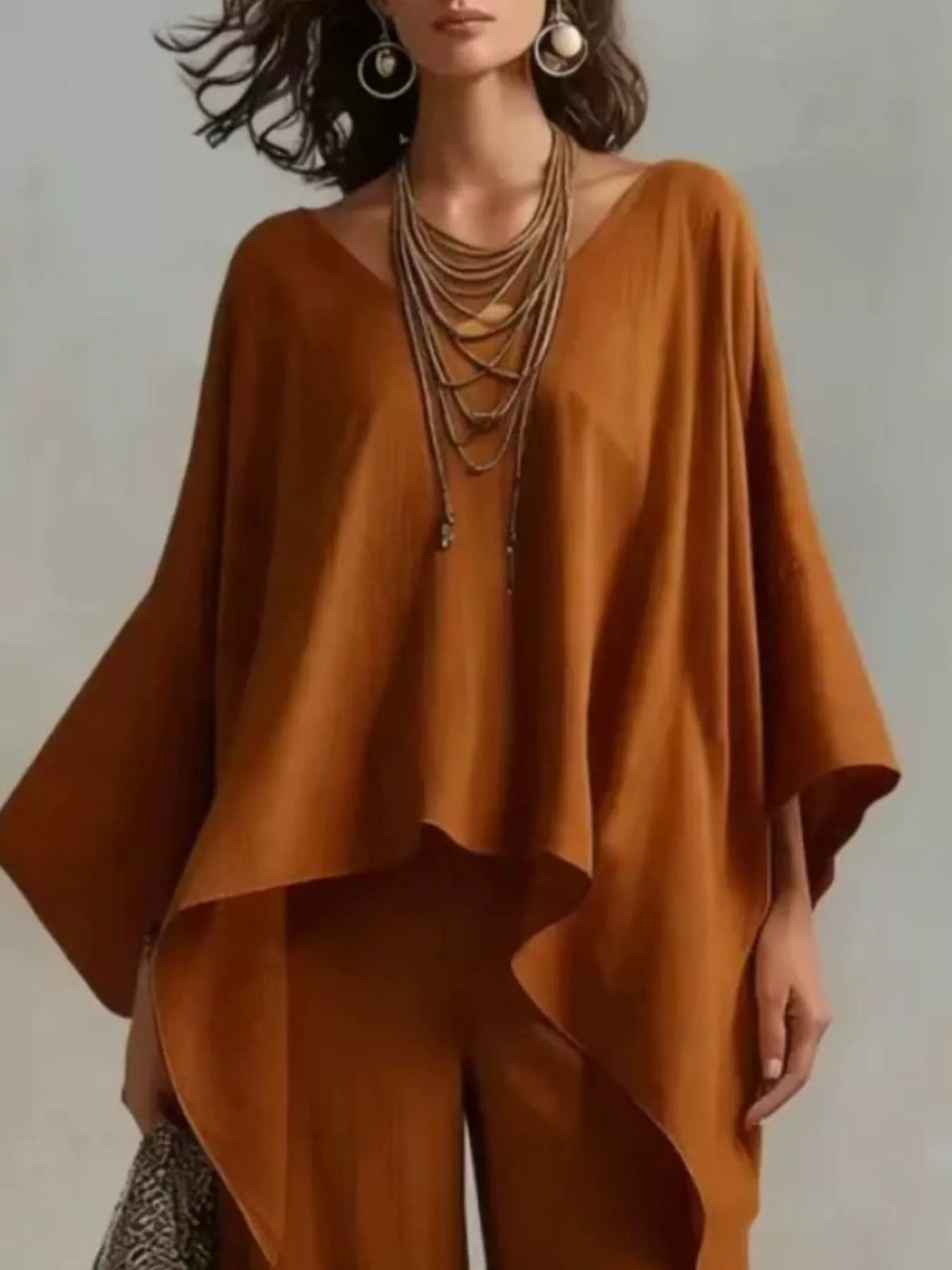 Loose Fit V-Neck Top and Pants Two-Piece Set - Caramel - View 1