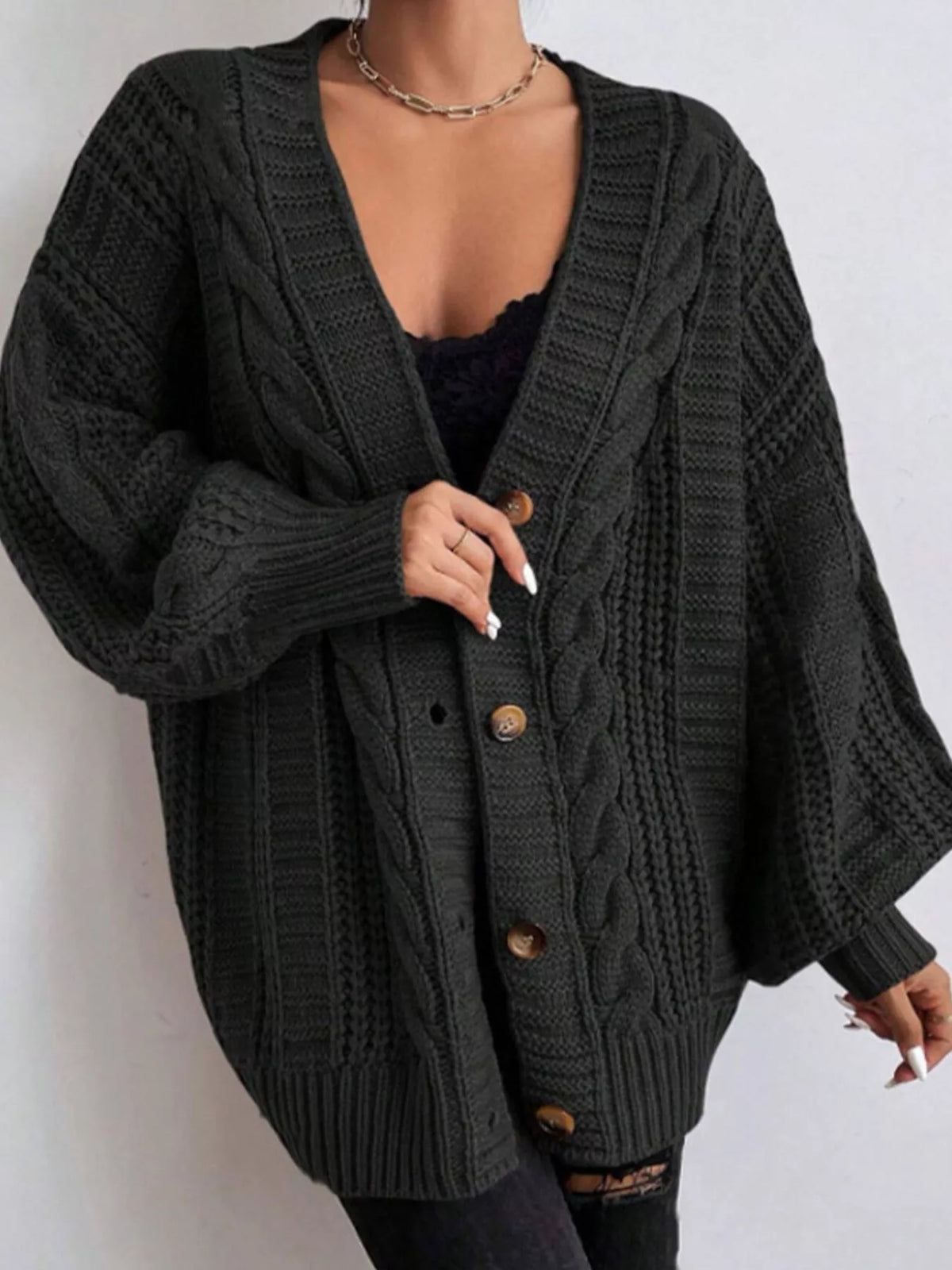 Cable Knit V-Neck Button-Down Cardigan - Black - View 2