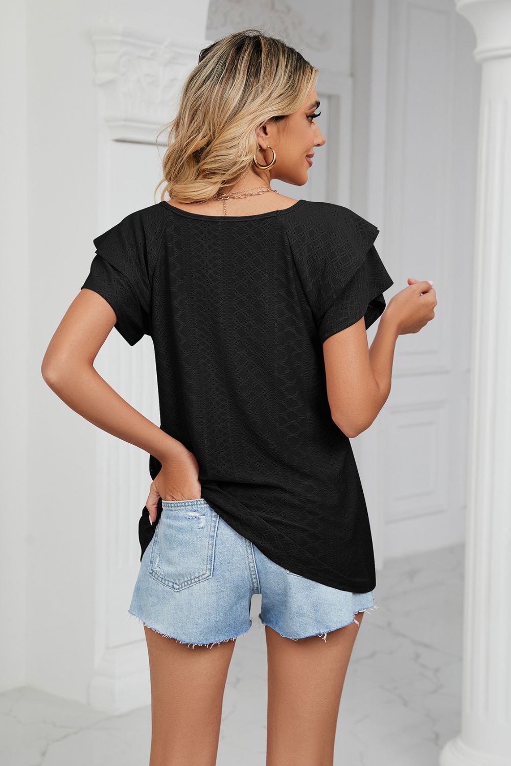 Eyelet Layered Flutter Sleeve V-Neck Knit Top - Black - View 15