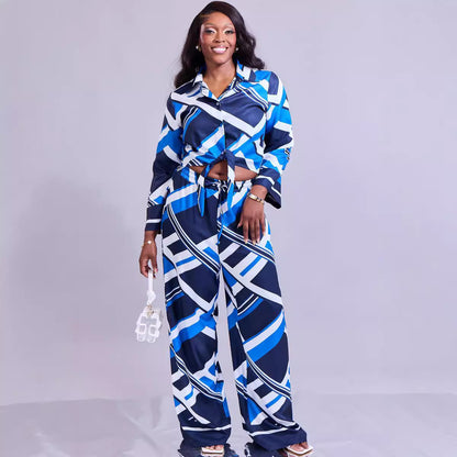 Casual Wide-Leg Pants Set with Abstract Pattern for Women Loose Fit Long Pants