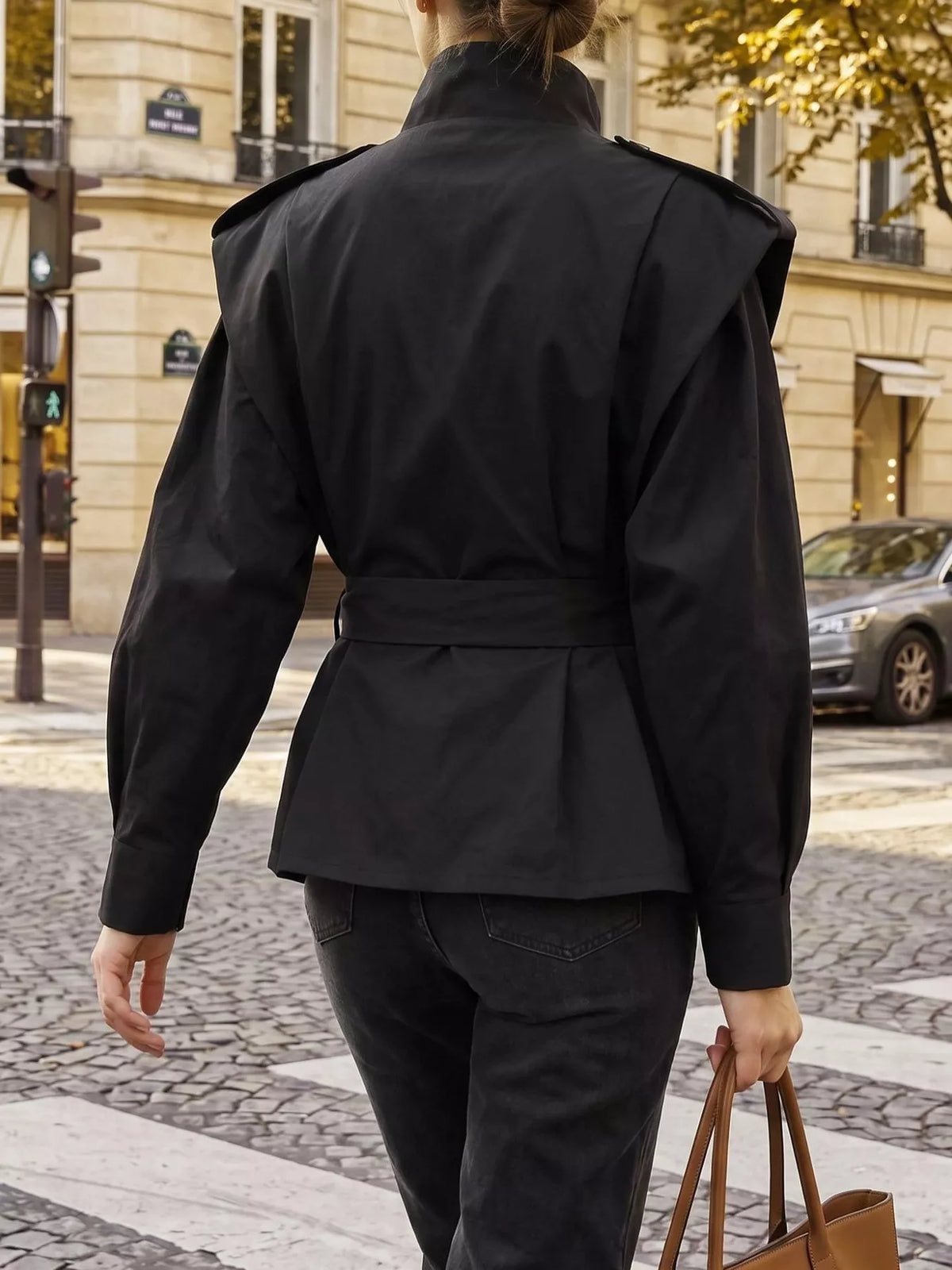 Stand-Collar Belted Outerwear - Black - View 4