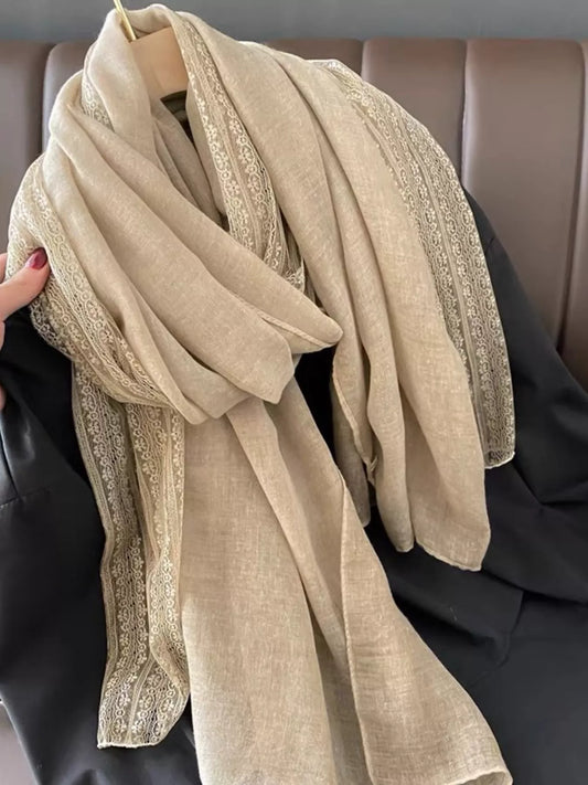 Lace Trim Scarf - Beige - View 1