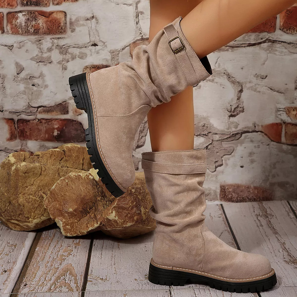 Buckle Accent Slouch Boots - Beige - View 5