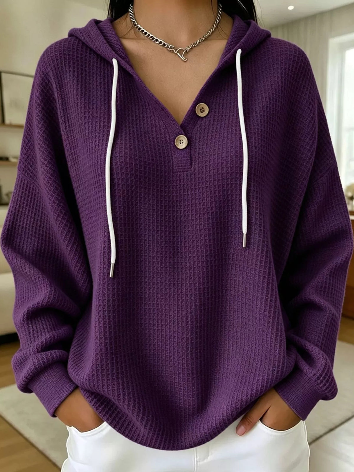 Full Size Waffle Knit Button Detail Hoodie Plus Size - Purple - View 40