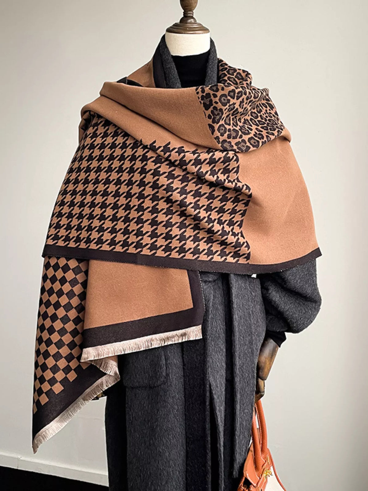 Checkered Raw Hem Scarf - Dark Brown - View 3