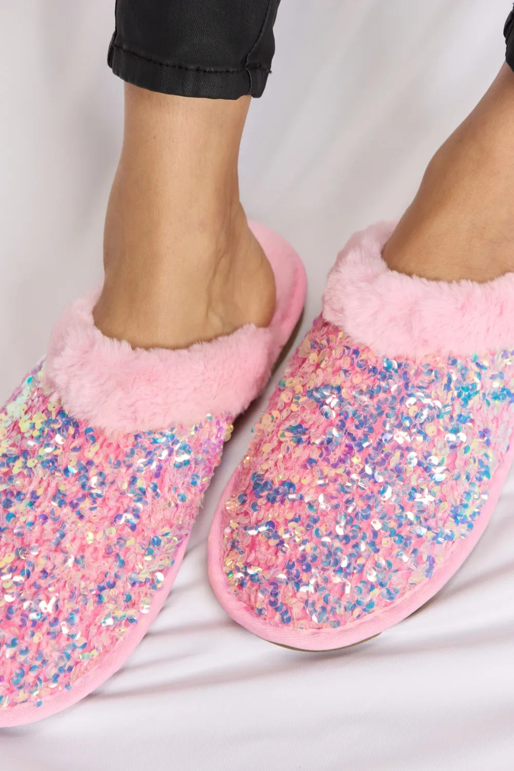 Forever Link Sequin Plush Round Toe Slippers - PINK - View 7