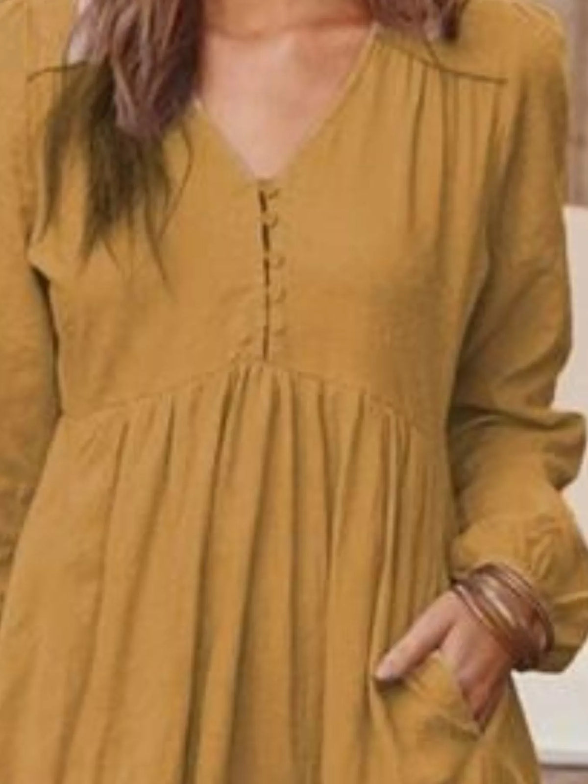 Full Size V-Neck Long Sleeve Tiered Maxi Dress with Pockets Plus Size - Mustard - View 2
