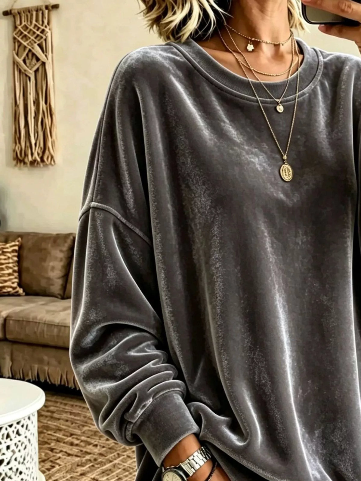 Full Size Solid Color Crew Neck Sweatshirt Plus Size - Dark Gray - View 16