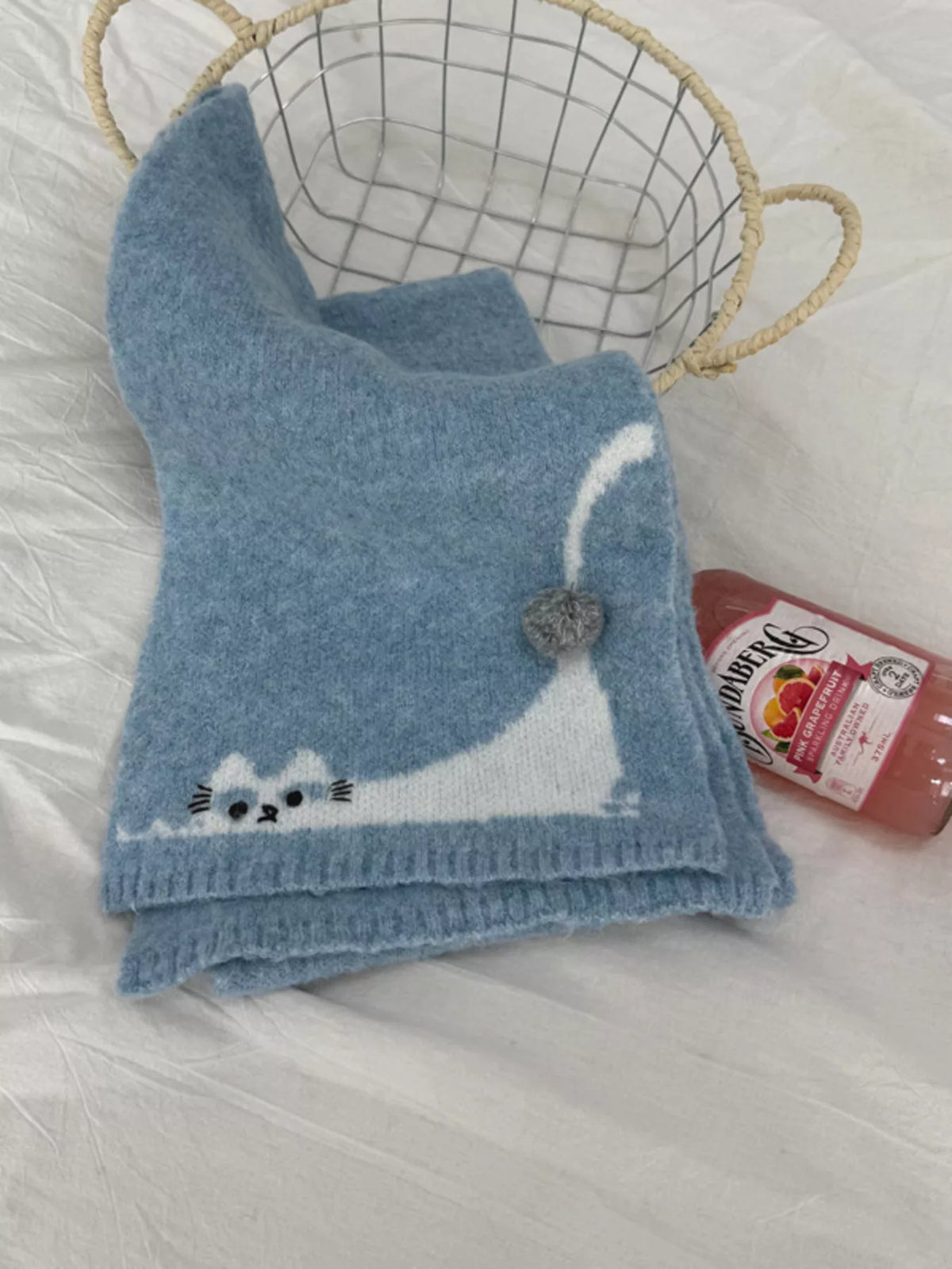 Cute Cat Knitted Scarf - Blue - View 3