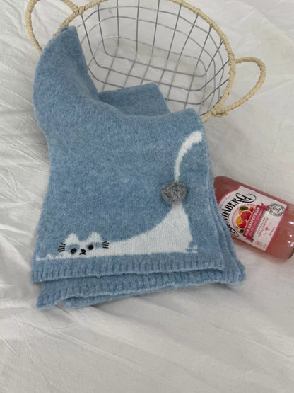 Cute Cat Knitted Scarf - Blue - View 3
