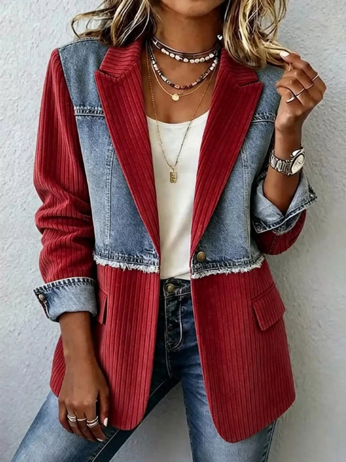 Full Size Patchwork Denim Ribbed Blazer Plus Size - Burgundy - View 1