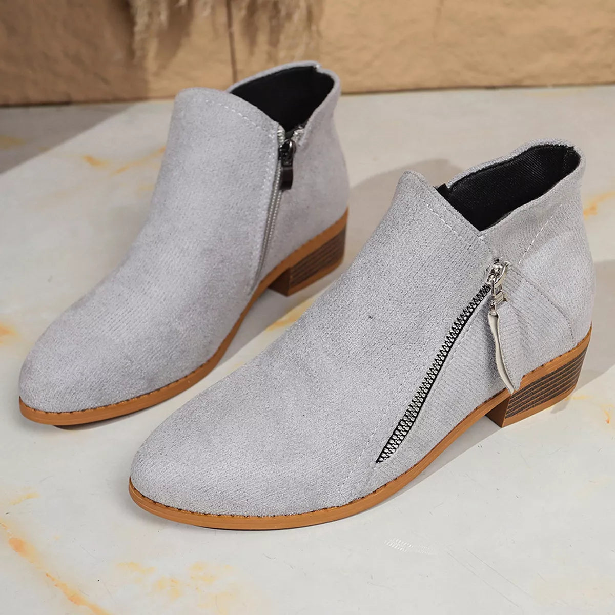 Point Toe Block Heels Boots - Gray - View 12