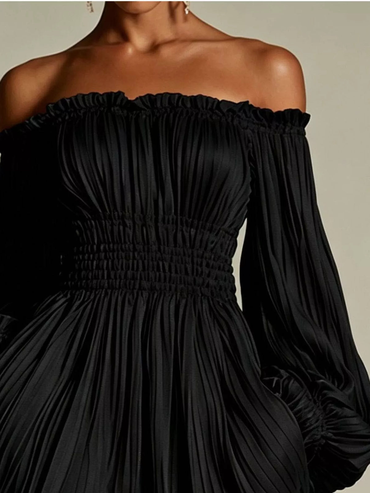 Off-Shoulder Pleated Mini Dress - Black - View 2