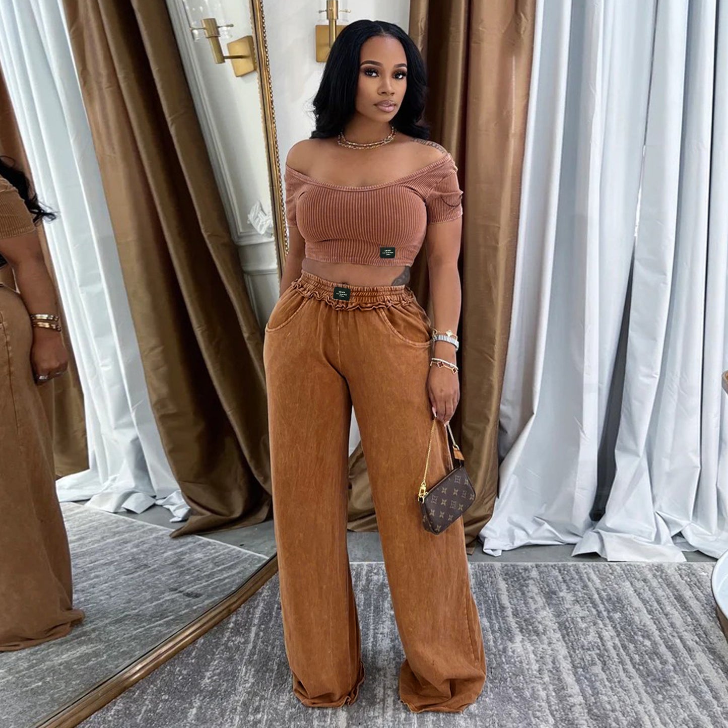 Waist up U-neck wide leg pants set