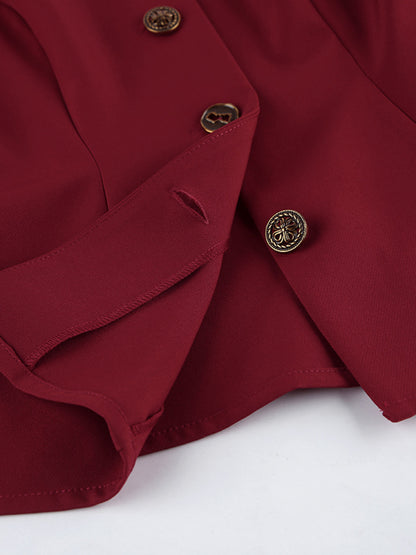 Button Up Peplum Blazer & Skirt Set - Burgundy - View 12