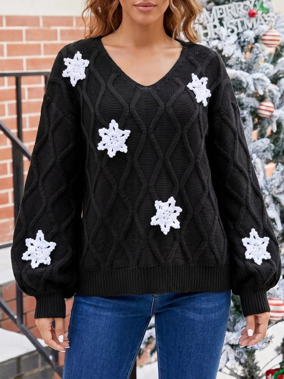 Snowflake Textured V-Neck Sweater - Black - View 2