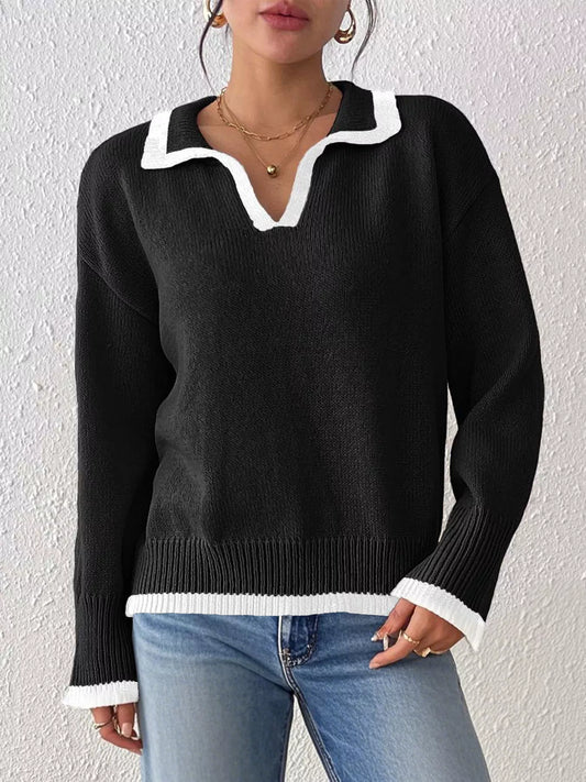 Contrast Trim Polo Collar Sweater - Black - View 1