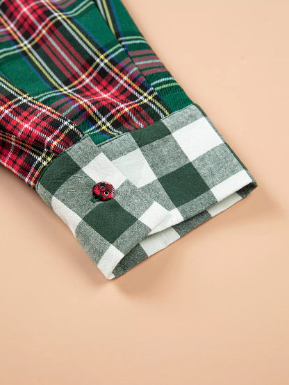 Plus Size Plaid Long Sleeve Shift Shirt - Dark Green - View 8