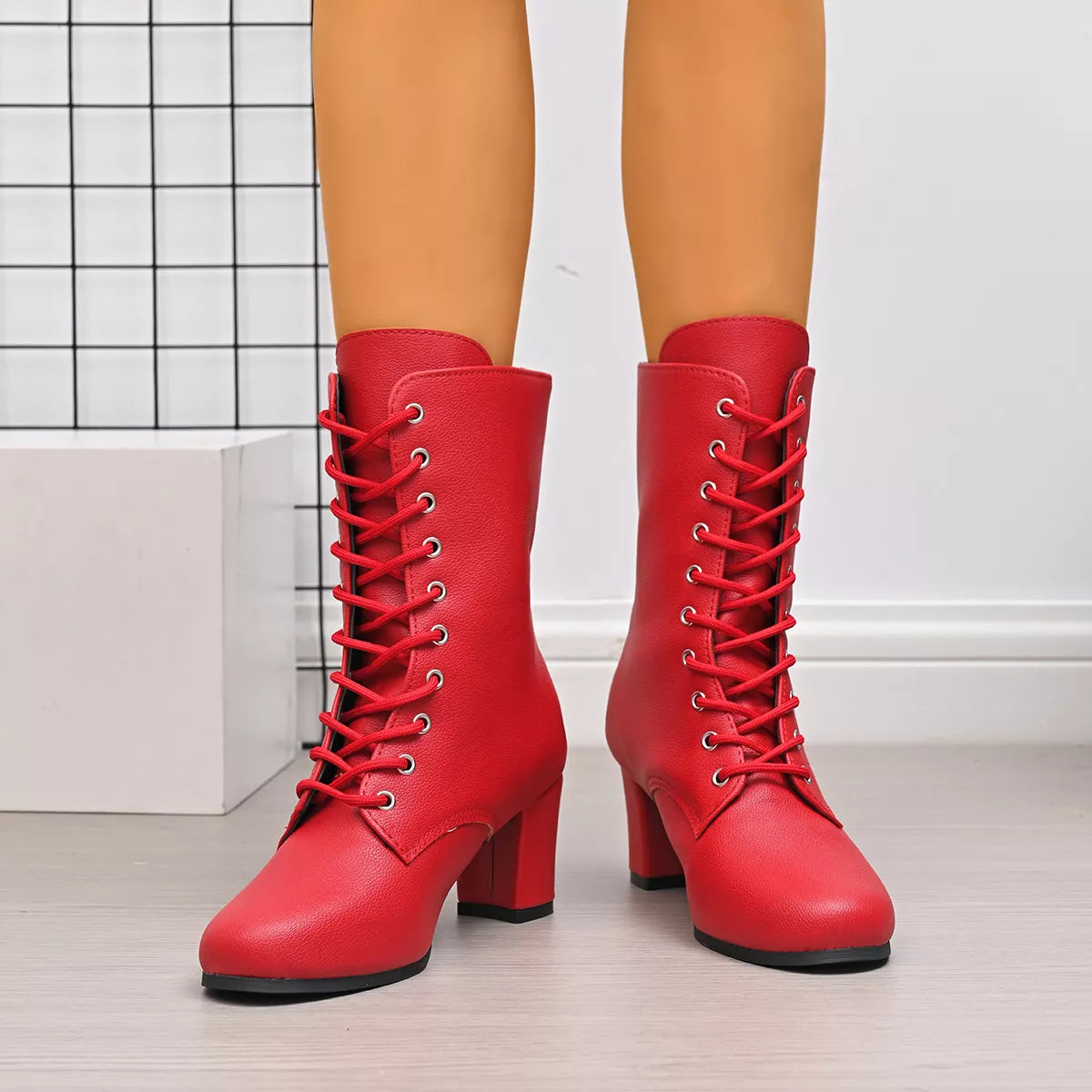 Round Toe Block Heels Boots - Red - View 10