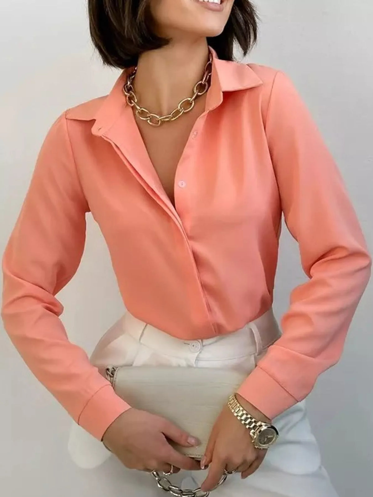 Button Up Long-Sleeve Shirt - Tangerine Pink - View 23