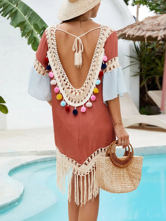 Backless Tassel Hem V-Neck Cover-Up - product photo 2