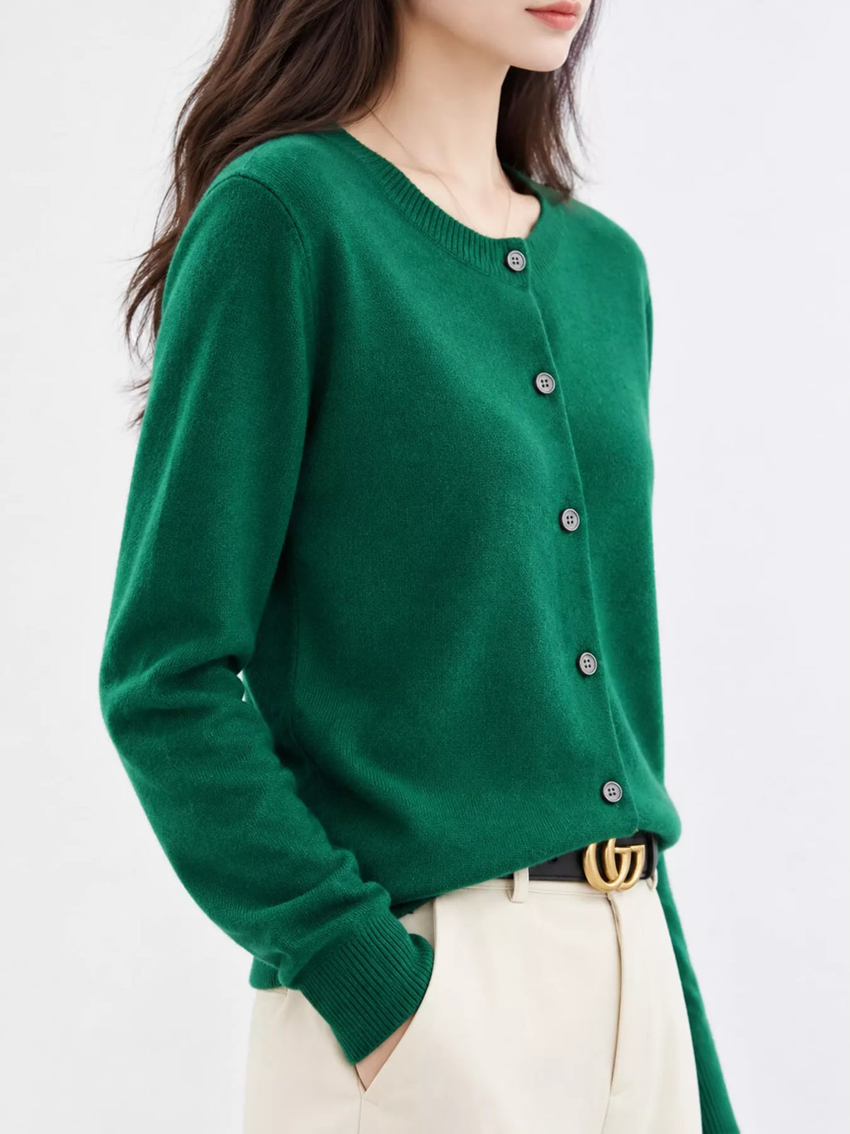 Crew-Neck Button-Down Cardigan - Emerald Green - View 68