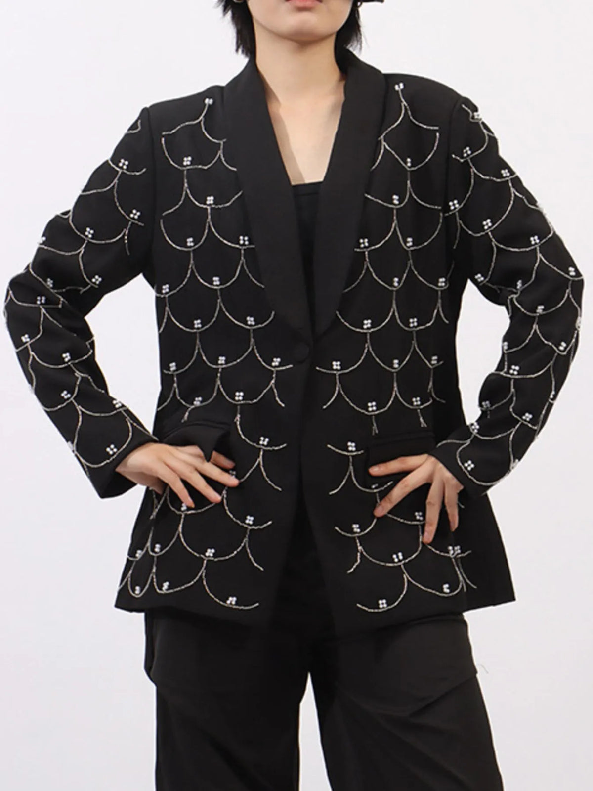 Pearl Detail Long Sleeve Blazer - Black - View 2
