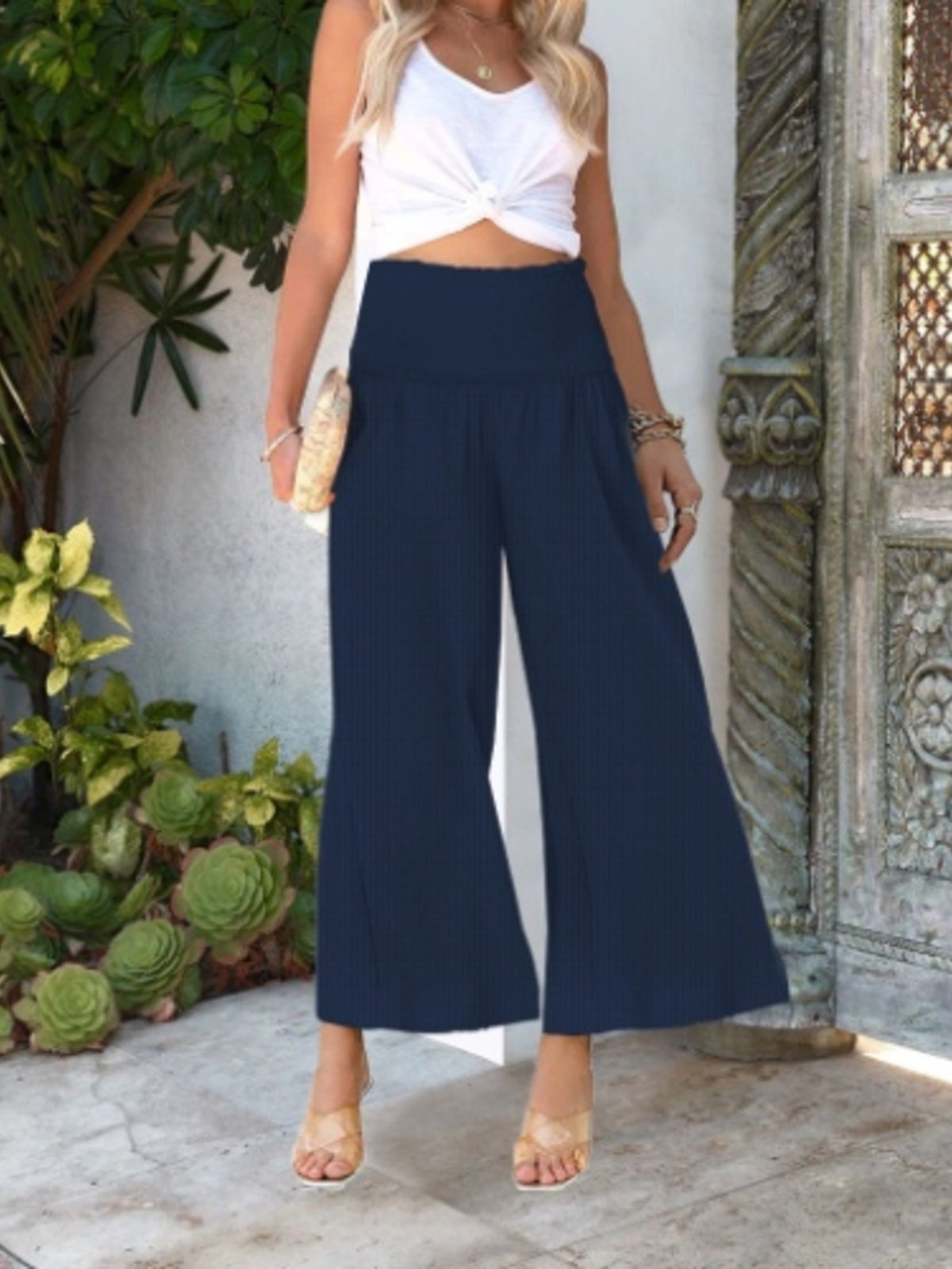 Wide-Leg Smocked Waist Pants - Navy - View 21