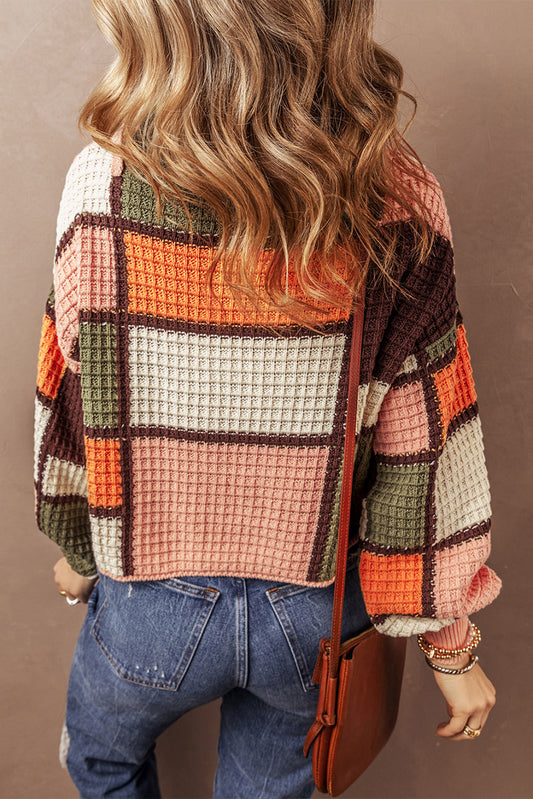 Orange Color Block Waffle Knit Drawstring Mock Neck Sweater - Orange - 2