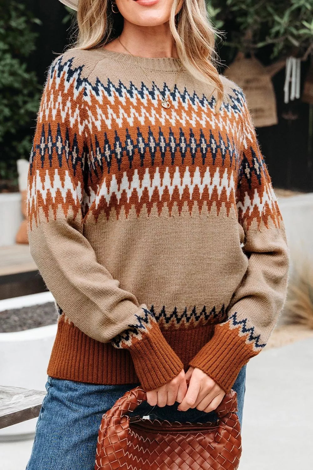 Geometric Pattern Long Sleeve Sweater - Taupe - View 5