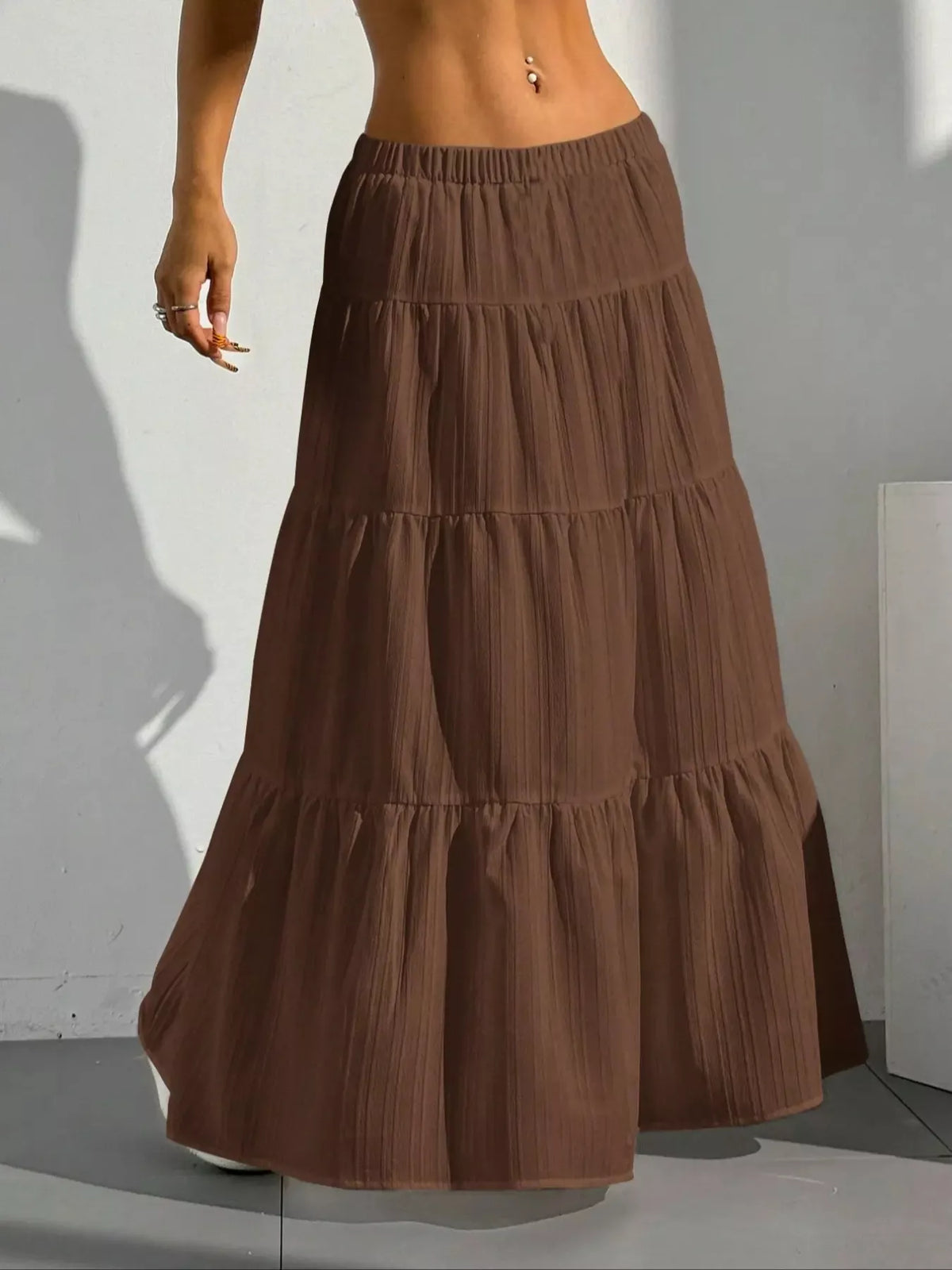 Flowy Tiered Maxi Skirt - Brown - View 13