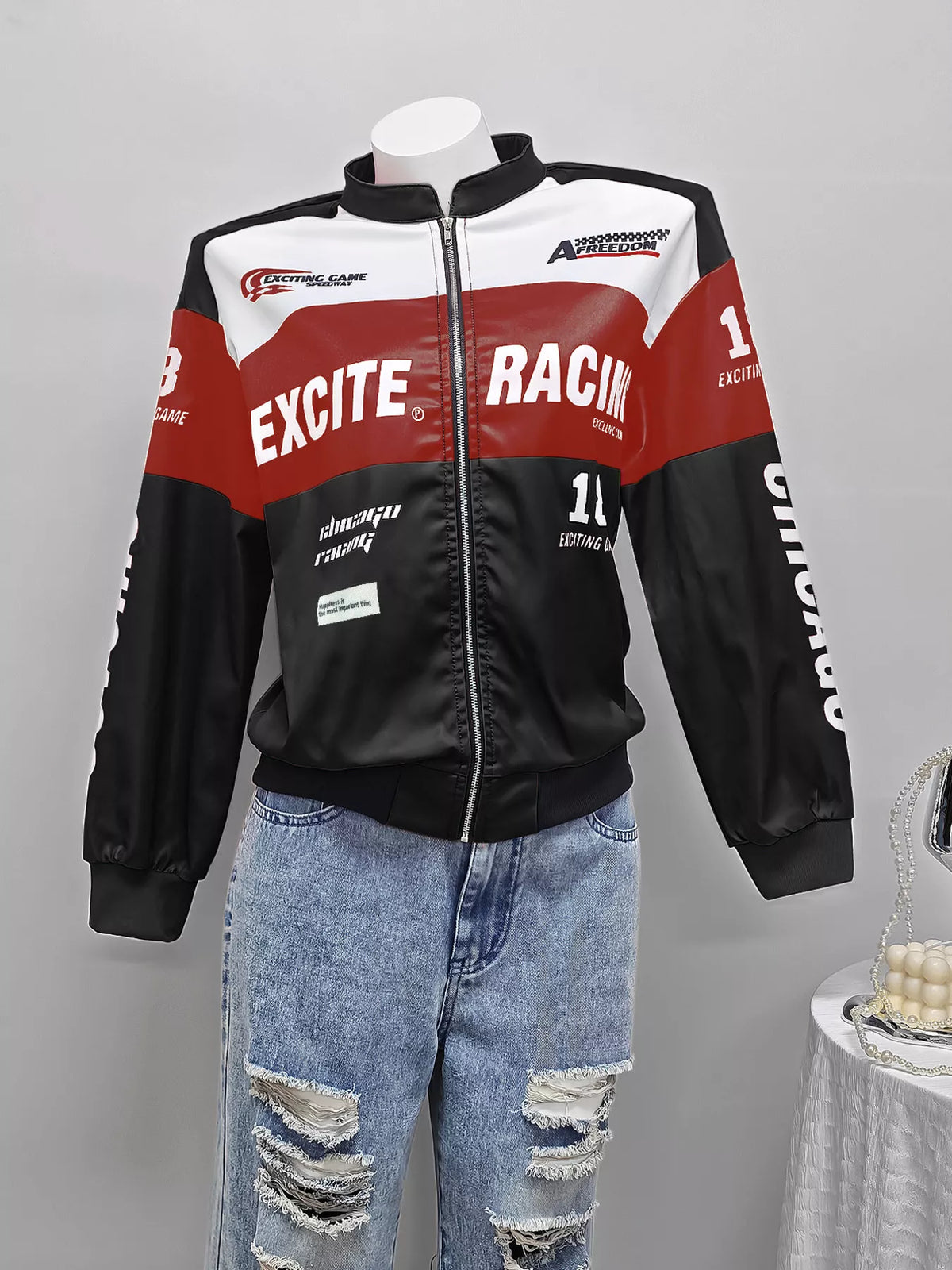 Letter Print Zip Up Jacket - Black - View 5