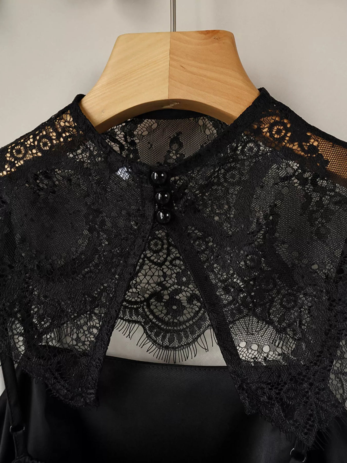 Satin Mini Dress with Lace Detachable Cape - Black - View 11