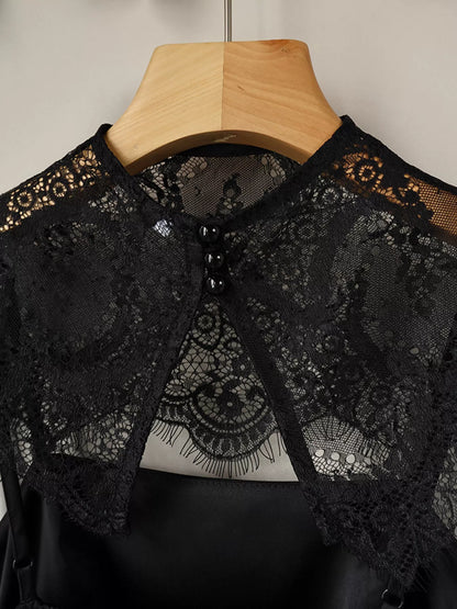Satin Mini Dress with Lace Detachable Cape - Black - View 11