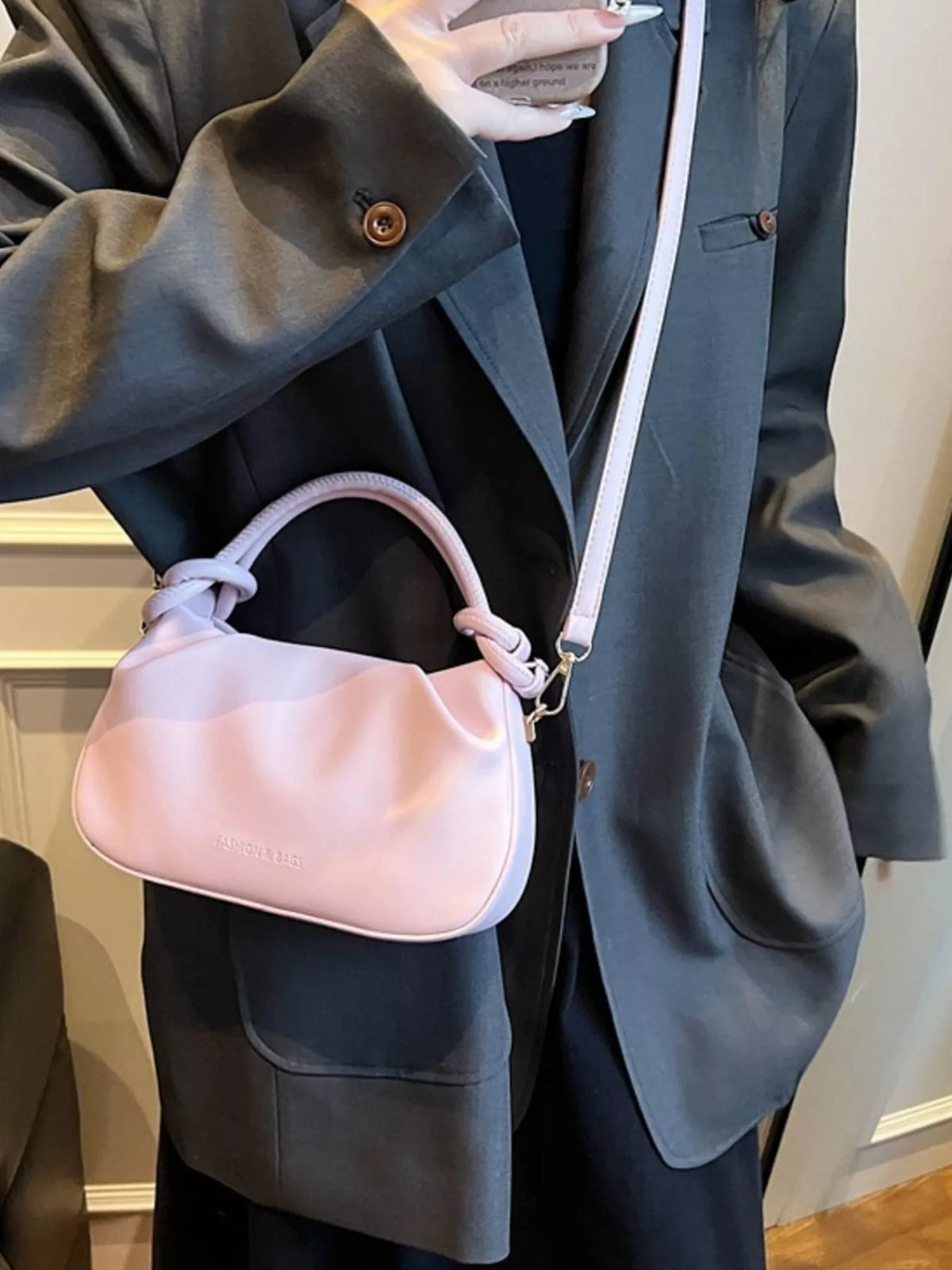 Knot Handle Ruched Crossbody Bag - Pink - View 4