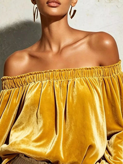 Off-Shoulder Velvet Long Sleeve T-Shirt - Mustard - View 3