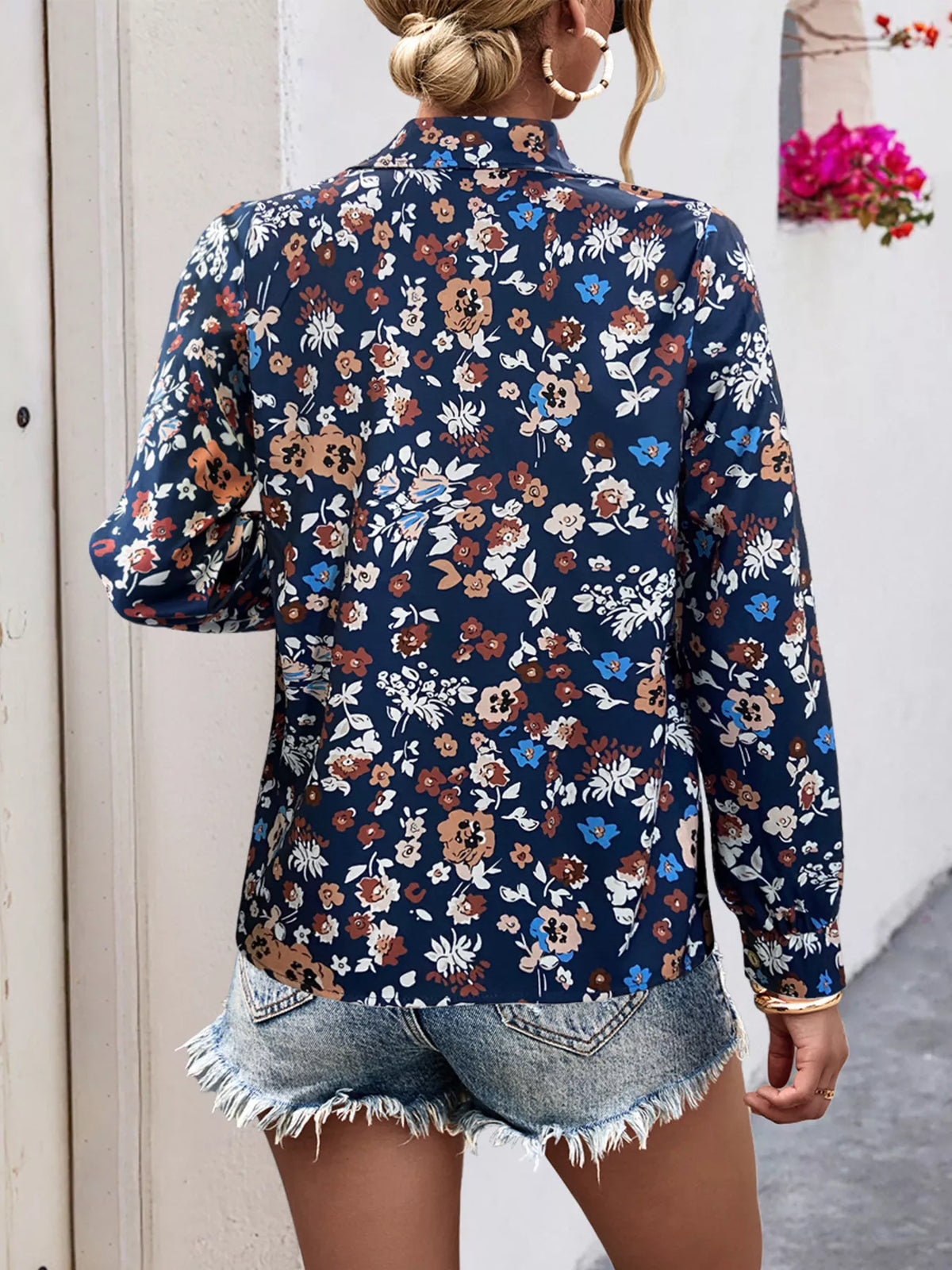 Printed Button-Down Long Sleeve Shirt - Navy - View 3