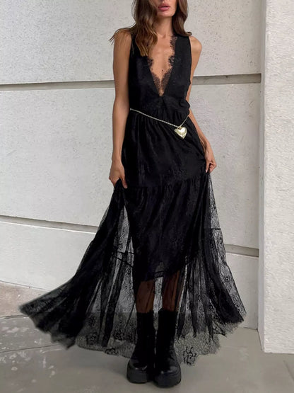 Lace V-Neck Sleeveless Maxi Dress - Black - View 1