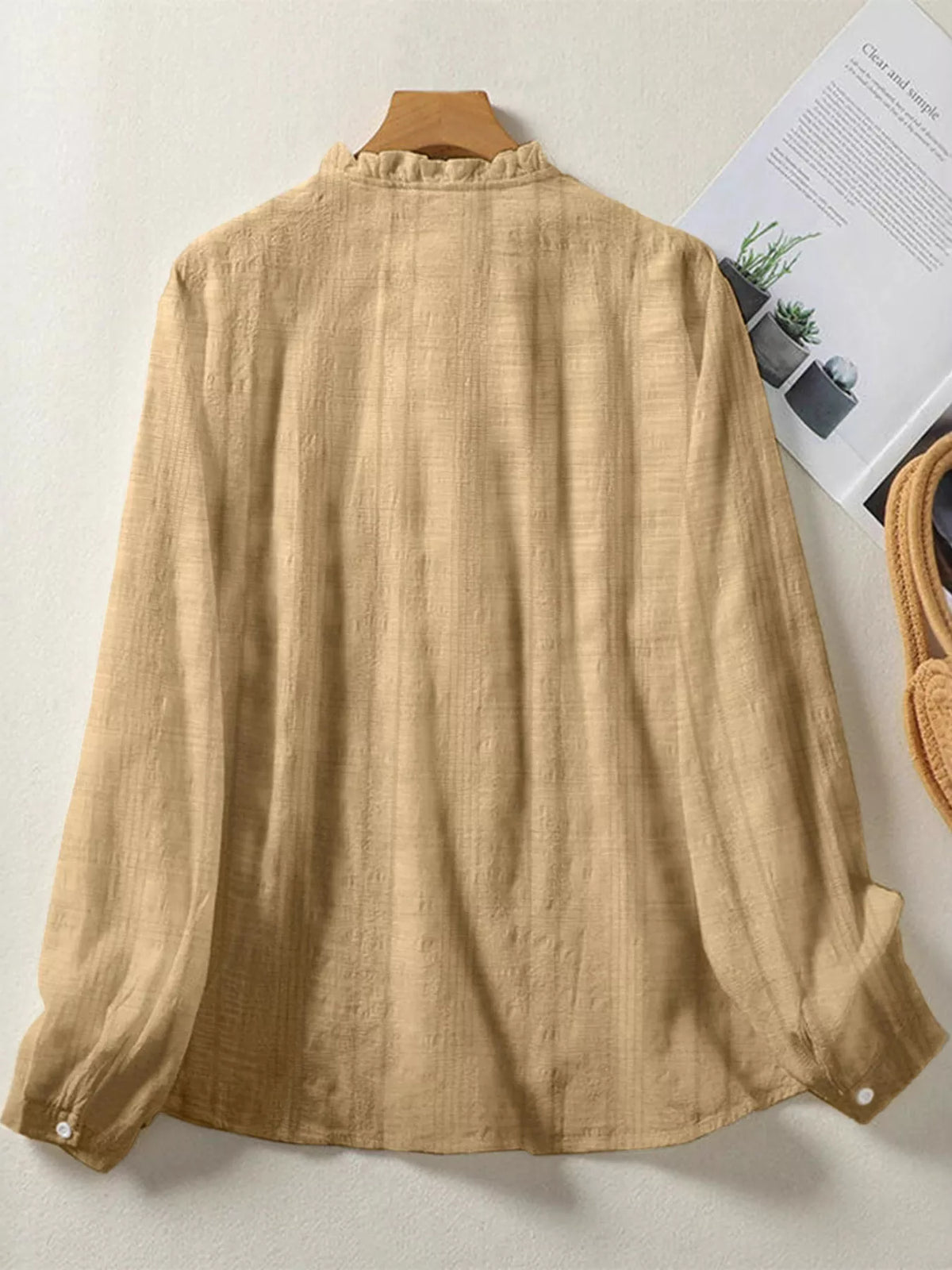 Frill Button Down Long Sleeve Shirt - Yellow - View 4