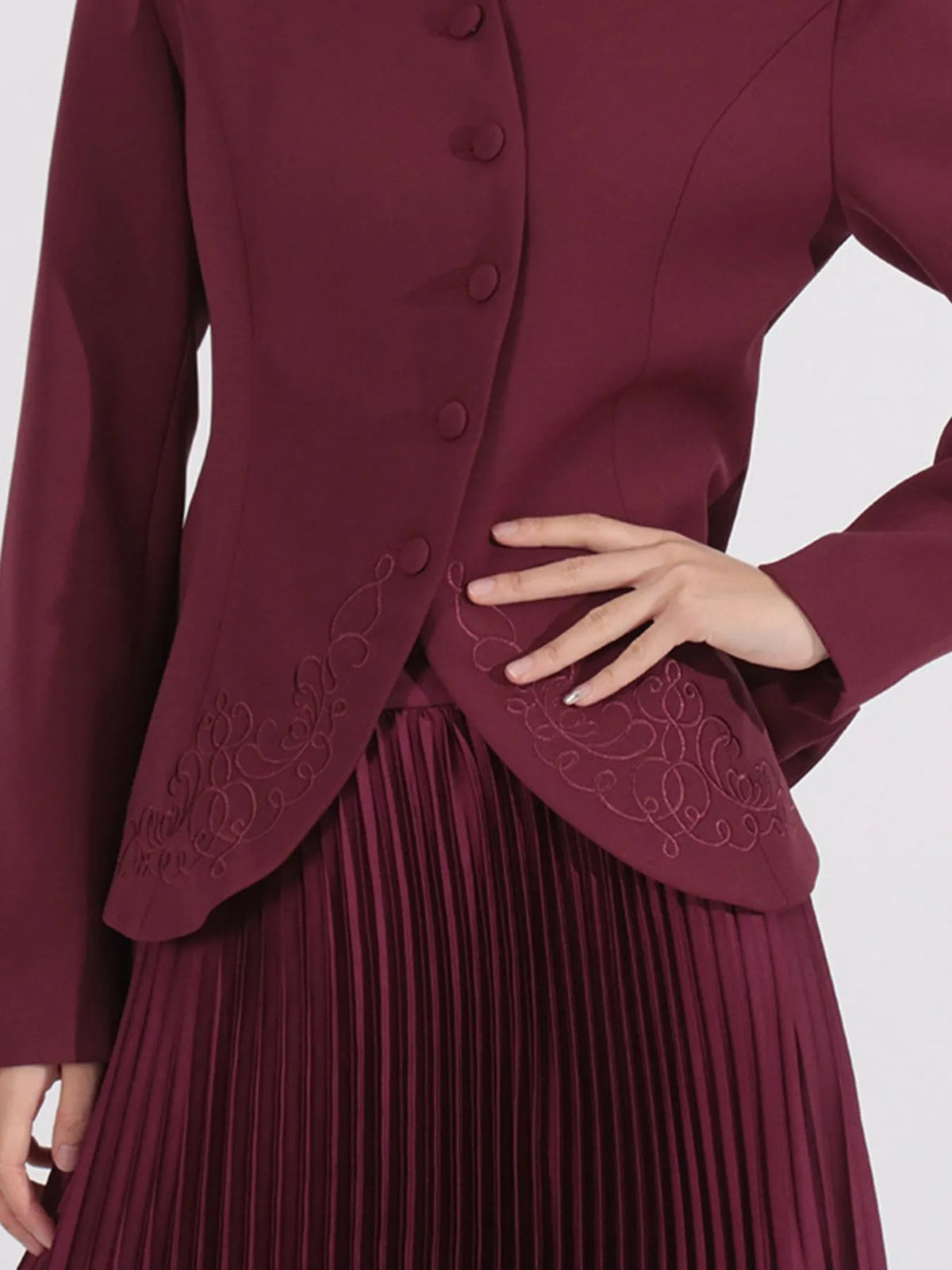 Button Up Long Sleeve Top and Pleated Skirt Set - Angora Red - View 7
