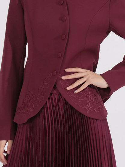 Button Up Long Sleeve Top and Pleated Skirt Set - Angora Red - View 7
